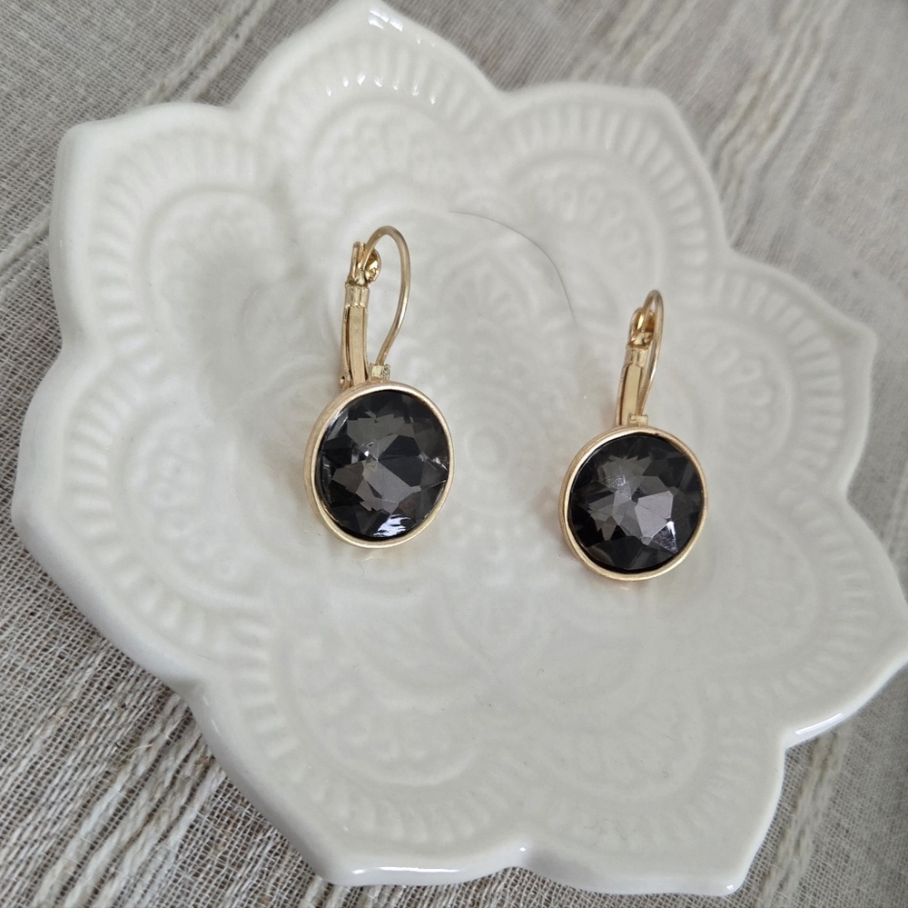 Goldtone Leverback Earrings with Grey/Black Simulated Stone - Fashion Jewelry
